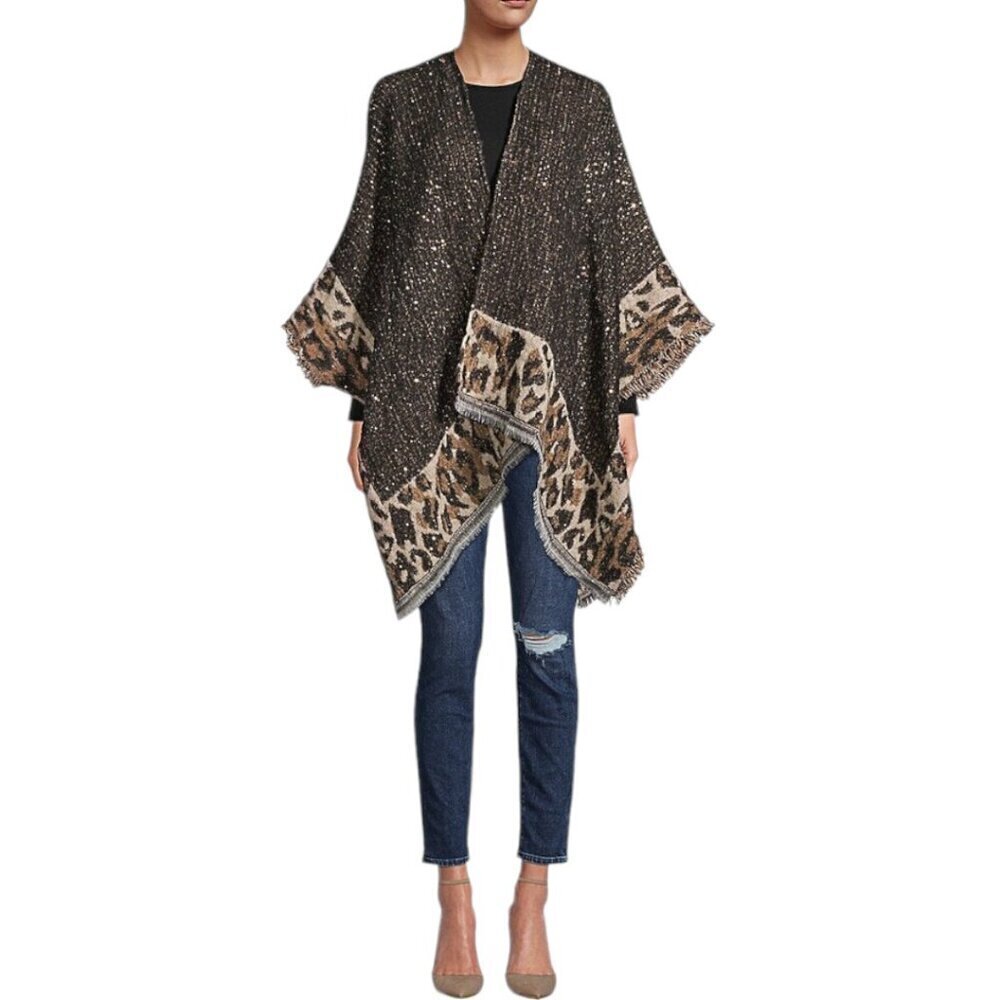 Vince Camuto Animal Print Shawl Wrap Poncho Cardigan Sequins Leopard